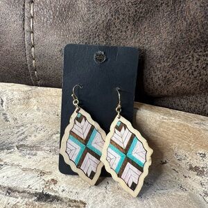 Boho Geometric Wooden Earrings | Turquoise Brown Dangle | Handmade